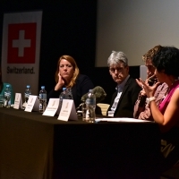 The Human Rights Day panel discussion: TAKE DOWN THE FENCES with Mary Ann Hennessay (Head of the Council of Europe Office in Sarajevo), Andrew Mayne (UNHCR Representative), Dirk Van Der Straaten (Artistic Director of Movies That Matter) and Claudia Buess (Deputy Head of Mission of the Embassy of Switzerland in Bosnia and Herzegovina). The panel discussion was moderated by Ines Tanović Sijerčić, Human Rights Day 2015, Multiplex Cinema City, 21. Sarajevo Film Festival, 2015 (C) Obala Art Centar