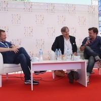 Coffe with... director Whit Stillman and actor Tom Bennett, LOVE & FRIENDSHIP, moderated by Mike Goodridge, former journalist and CEO of London-based Protagonist Pictures, Open Air Programme, Festival Square, 22. Sarajevo Film Festival, 2016 (C) Obala Art Centar