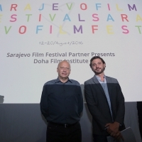 Mirsad Purivatra (Director of the Sarajevo Film Festival) with Ali Khechen (Film Workshops & Labs / Qumra Industry Manager) at SFF Partner Presents: Doha Film Institute Opening, Multiplex Cinema City, 22. Sarajevo Film Festival, 2016 (C) Obala Art Centar