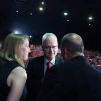 Ivo Josipović (former President of the Republic of Croatia) with Verena Heinzel (Program Officer at the Robert Bosch Stifftung) and Mirsad Purivatra (Director of the Sarajevo Film Festival), OPENING OF DEALING WITH THE PAST PROGRAMME, Multiplex Cinema City, 22. Sarajevo Film Festival, 2016 (C) Obala Art Centar