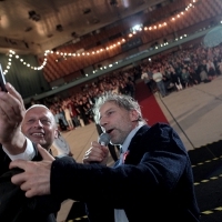 Mirsad Purivatra - Director of the Sarajevo Film Festival with Simon McBurney - Actor of the film MAGIC IN THE MOONLIGHT, Screening of MAGIC IN THE MOONLIGHT, KSC Skenderija, Sarajevo Film Festival, 2014 (C) Obala Art Centar