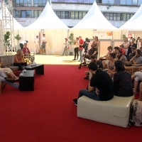 Andy Paterson - Producer of the film THE RAILWAY MAN and Patti Lomax, Coffee With... Programme, Festival Square, Sarajevo Film Festival, 2014 (C) Obala Art Centar