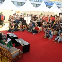 Michel Hazanavicius - Director of the film THE SEARCH with Bérénice Bejo - Actress of the film THE SEARCH, Coffee With... Programme, Festival Square, Sarajevo Film Festival, 2014 (C) Obala Art Centar