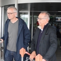 Christoph Terhechte - Member of the Jury of Competition Programme - Feature Film and Dieter Kosslick - Recipient of Honorary Heart of Sarajevo in Sarajevo, Airport, 20th Sarajevo Film Festival, 2014 (C) Obala Art Centar