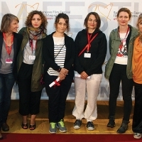 Aleksandra Milojević, Carine Chichowsky, Mila Turajlić, Monica Lazurean Gorgan, Katarina Zrinka Matijević Velićan, Ana Štulina, Rada Šešić, DOCU Rough Cut Boutique award ceremony and Bye Bye Drink, Festival Square, Sarajevo Film Festival, 2014 (C) Obala Art Centar