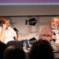 Mike Goodridge in conversation with Mike Leigh at Talents Sarajevo, Visual Storytelling - the Journey of Making Film - Lecture by Mike Leigh, Academy of Performing Arts, Sarajevo Film Festival, 2014 (C) Obala Art Centar