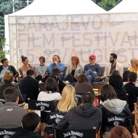 Leon Lučev, Ada Condeescu, Ariane Labed, Hrvoje Hribar, Jasmila Žbanić, Aleksandar Hemon, Ermin Bravo, Branka Petrić, LOVE ISLAND, Coffee With... Programme, Festival Square, Sarajevo Film Festival, 2014 (C) Obala Art Centar