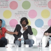 Actress Kalieaswari Srinivasan and actor Jesuthasan Antonythasan from film DHEEPAN in conversation with Vanja Kaluđerčić, Short Films Programmer, Coffee With... Programme, Festival Square, 21. Sarajevo Film Festival, 2015 (C) Obala Art Centar