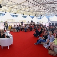 Coffee with... Mirjana karanović, actor Boris Isaković and actress Jasna Đurčić, moderated by Jasmila Žbanić, A GOOD WIFE, Open Air Programme, Coffee with..., Festival Square, 22nd Sarajevo Film Festival, 2016 (C) Obala Art Centar