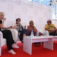 Coffee with... Mirjana karanović, actor Boris Isaković and actress Jasna Đurčić, moderated by Jasmila Žbanić, A GOOD WIFE, Open Air Programme, Coffee with..., Festival Square, 22nd Sarajevo Film Festival, 2016 (C) Obala Art Centar