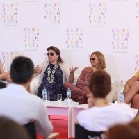 Coffee with... Mirjana karanović, actor Boris Isaković and actress Jasna Đurčić, moderated by Jasmila Žbanić, A GOOD WIFE, Open Air Programme, Coffee with..., Festival Square, 22nd Sarajevo Film Festival, 2016 (C) Obala Art Centar