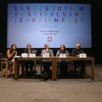 The Human Rights Day panel discussion: CAN WE FIGHT VIOLENT EXTREMISM WITH EDUCATION? with Wolfgang Amadeus Bruelhart, François Heisbourg, Gorana Mlinarević and Muhamed Jusić, The panel discussion was moderated by Ines Tanović Sijerčić, Human Rights Day 2016, Meeting Point Cinema, 22. Sarajevo Film Festival, 2016 (C) Obala Art Centar