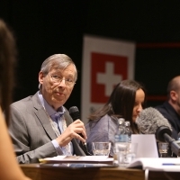 The Human Rights Day panel discussion: CAN WE FIGHT VIOLENT EXTREMISM WITH EDUCATION? with Wolfgang Amadeus Bruelhart, François Heisbourg, Gorana Mlinarević and Muhamed Jusić, The panel discussion was moderated by Ines Tanović Sijerčić, Human Rights Day 2016, Meeting Point Cinema, 22. Sarajevo Film Festival, 2016 (C) Obala Art Centar