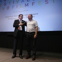 Wolfgang Amadeus Bruelhart, the recipient of the Honorary Heart of Sarajevo Award, and Mirsad Purivatra, Sarajevo Film Festival director, Human Rights Day Opening and Honorary Heart of Sarajevo Award Ceremony, Human Rights Day 2016, Meeting Point Cinema, 22. Sarajevo Film Festival, 2016 (C) Obala Art Centar