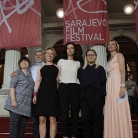 Producer Rossitsa Valkanova, actor Alexandr Triffonov, co-producer Katrin Pors, director Ralitza Petrova, actress Irena Ivanova, GODLESS, with with Elma Tataragić Programmer of the Competition Program – Feature Film, Competition Program – Feature Film, Red Carpet, National Theatre, 22. Sarajevo Film Festival, 2016 (C) Obala Art Centar