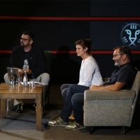 Moderator Robert Zuber, director Anja Kofmel and producer Siniša Juričić, Chriss The Swiss Q&A, Dealing with the Past, Meeting Point, 24th Sarajevo Film Festival, 2018 (C) Obala Art Centar