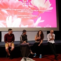 Directors Thomas Rowe, Lara Zeidan and Hamid Ahmadi with moderator Nataša Govedarica, Q&A, Guest Academy: London Film School, Competition Programme - Student Film, out of competition, Art Cinema Kriterion - House of Shorts, 24th Sarajevo Film Festival, 2018 (C) Obala Art Centar