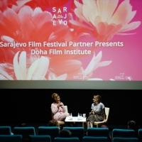 Director of Sofia Meryem Benm'Barek and moderator Bianca Lucas, Sarajevo Film Festival Partner Presents: Doha Film Institute, Cinema City, 24th Sarajevo Film Festival, 2018 (C) Obala Art Centar