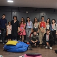 Creative Director of Sarajevo Film Festival Izeta Građević and participants of TeenAction after a talk and lecture, TeenArena, House of Youth, 24th Sarajevo Film Festival, 2018 (C) Obala Art Centar