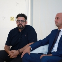 Robert Zuber, director of Rab Film Festival (RAFF) and Nikola Grgurić, the mayor of Rab, Announcement of collaboration between Rab Film Festival (RAFF) and Sarajevo Film Festival, Competition Lounge, Festival Square, 25th Sarajevo Film Festival, 2019 (C) Obala Art Centar