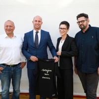 Mirsad Purivatra, Nikola Grgurić, Katarina Ribarić and Robert Zuber, Announcement of collaboration between Rab Film Festival (RAFF) and Sarajevo Film Festival, Competition Lounge, Festival Square, 25th Sarajevo Film Festival, 2019 (C) Obala Art Centar