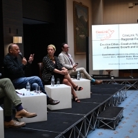 Jovan Marjanović, Mirsad Purivatra, Larisa Halilović and David Wilson, CineLink Talks, Regional Forum, Creative Cities - Creative Industries As Key Drivers of Economic Growth and Urban Development, Hotel Europe Atrium, 25th Sarajevo Film Festival, 2019 (C) Obala Art Centar