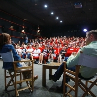 Actress Isabelle Huppert and moderator Mike Goodridge, Masterclass with Isabelle Huppert, Meeting Point Cinema, 25th Sarajevo Film Festival, 2019 (C) Obala Art Centar