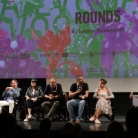 Actors Assen Blatechki and Stefan Denolyubov, producer Katya Trichkova, director Stephan Komandarev, screenwriter Simeon Ventsislavov, actress Irini Jambonas and moderator Aleksandar Hemon, Competition Programme Press Conference: Rounds, National Theatre, 25th Sarajevo Film Festival, 2019 (C) Obala Art Centar