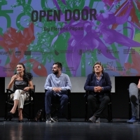 Actresses Jonida Vokshi and Luljeta Bitri, director Florenc Papas, producer Eno Milkani and moderator Aleksandar Hemon, Competition Programme Press Conference: Open Door, National Theatre, 25th Sarajevo Film Festival, 2019 (C) Obala Art Centar