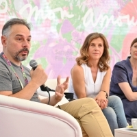 Director Miroslav Terzić, actress Snežana Bogdanović and scriptwriter Elma Tataragić, Coffee With... crew of Stitches, Festival Square, 25th Sarajevo Film Festival, 2019 (C) Obala Art Centar