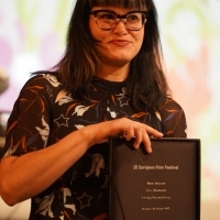 Producer Katya Trichkova accepting the award for Irini Jambonas, Rounds, Heart of Sarajevo for Best Actress, National Theatre, 25th Sarajevo Film Festival, 2019 (C) Obala Art Centar