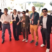Kinoscope programmer Alessandro Raja and the crew of Letters from the Ends of the World, Prescreening Reception, Festival Square, 27th Sarajevo Film Festival, 2021 (C) Obala Art Centar