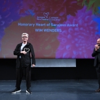 Wim Wenders, recipient of the Honorary Heart of Sarajevo and director of Sarajevo Film Festival Mirsad Purivatra, 27th Sarajevo Film Festival Opening Ceremony, National Theater, 27th Sarajevo Film Festival, 2021 (C) Obala Art Centar