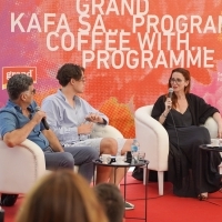 Director Danis Tanović, actor Kerim Čutuna and moderator Ines Mrenica, Grand Coffee With... Programme Presents: Not so Friendly Neighbourhood Affair, Festival Square, 27th Sarajevo Film Festival, 2021 (C) Obala Art Centar	