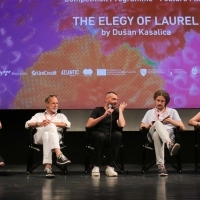 Crew of The Elegy of Laurel and moderator Đorđe Krajišnik, Competition Programme Press Conference: The Elegy of Laurel, National Theater, 27th Sarajevo Film Festival, 2021 (C) Obala Art Centar