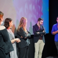 Moderator Emina Kovačević and authors of the films from the Competition Programme - Student Film, Q&A, Cineplexx, 27th Sarajevo Film Festival, 2021 (C) Obala Art Centar