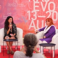 Director Keti Papadema and Rada Šešić, Docu Press Corner, Festival Square, 27th Sarajevo Film Festival, 2021 (C) Obala Art Centar