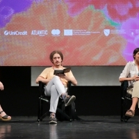 Actor Sofia Kokkali, moderator Đorđe Krajišnik and director Jacqueline Lentzou, Competition Programme Press Conference: Moon, 66 Questions, National Theater, 27th Sarajevo Film Festival, 2021 (C) Obala Art Centar