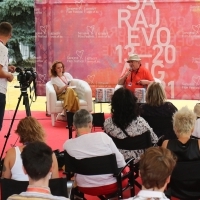 Moderator Andrijana Copf and Nenad Polimac, Book Promotion, Festival Square, 27th Sarajevo Film Festival, 2021 (C) Obala Art Centar