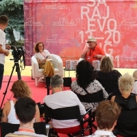 Moderator Andrijana Copf and Nenad Polimac, Book Promotion, Festival Square, 27th Sarajevo Film Festival, 2021 (C) Obala Art Centar