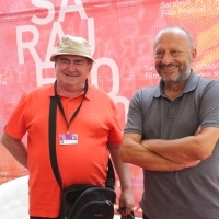 Film critic Nenad Polimac and Mirsad Purivatra, Book Promotion, Festival Square, 27th Sarajevo Film Festival, 2021 (C) Obala Art Centar