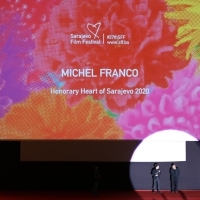 Michel Franco, recipient of the Honorary Heart of Sarajevo and director of Sarajevo Film Festival Mirsad Purivatra, Coca-Cola Open Air Cinema, 27th Sarajevo Film Festival, 2021 (C) Obala Art Centar	