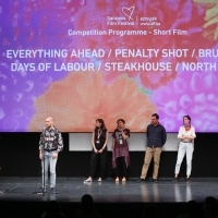 Moderator Đorđe Krajišnik and authors of the films from the Competition Programme - Short Film, Q&A, National Theater, 27th Sarajevo Film Festival, 2021 (C) Obala Art Centar