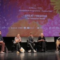 Crew of Great Freedom and moderator Đorđe Krajišnik, Competition Programme Press Conference, National Theater, 27th Sarajevo Film Festival, 2021 (C) Obala Art Centar