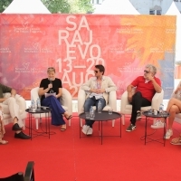 Crew of Bad Blood and moderator Adela Alagić Đorđević, Avant Premiere Series – Press Corner, Festival Square, 27th Sarajevo Film Festival, 2021 (C) Obala Art Centar