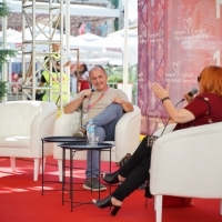 Director Janko Baljak and Rada Šešić, Docu Press Corner, Festival Square, 27th Sarajevo Film Festival, 2021 (C) Obala Art Centar