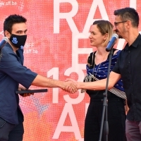 Director Nermin Hamzagić, winner of Ivica Matić Award, Asja Krsmanović and Alen Drljević, Partners’ Awards, Festival Square, 27th Sarajevo Film Festival, 2021 (C) Obala Art Centar