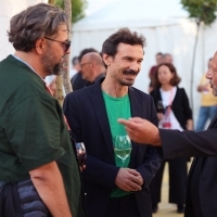 Pjer Žalica, director, Juraj Lerotić, director and Mirsad Purivatra, Festival Welcome Drink, Festival Square, 29th Sarajevo Film Festival, 2023 (C) Obala Art Centar