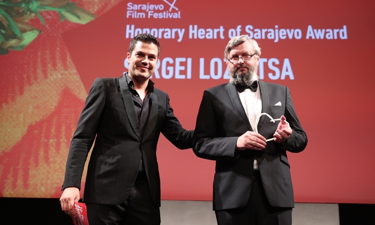 Sarajevo Film Festival Director Jovan Marjanović and director Sergei Loznitsa, recipient of Honorary Heart of Sarajevo Award. National theater, 28th Sarajevo Film Festival, 2022 (C) Obala Art Centar
